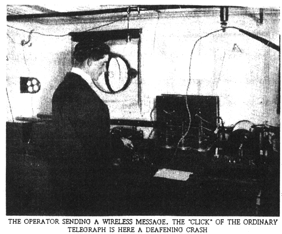 Рис. 2. THE OPERATOR SENDING A WIRELESS MESSAOE. THE "CLICK' OF THE ORDINARY TELEGRAPH IS HERE A DEAFENINO CRASH