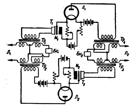 Рис. 14. Принципиальная схема телефонного усилителя на двухалектродной лампе.