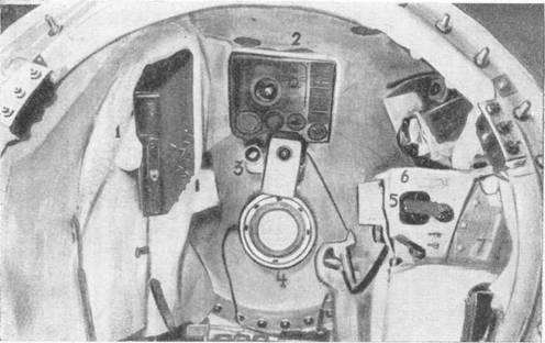  1 — пульт пилота; 2 — приборная доска с глобусом; 3 — телевизионная камера; 4 — иллюминатор с оптическим ориентатором; 5 — ручка управления ориентацией корабля; 6 — радиоприёмник; 7-контейнеры с пищей.