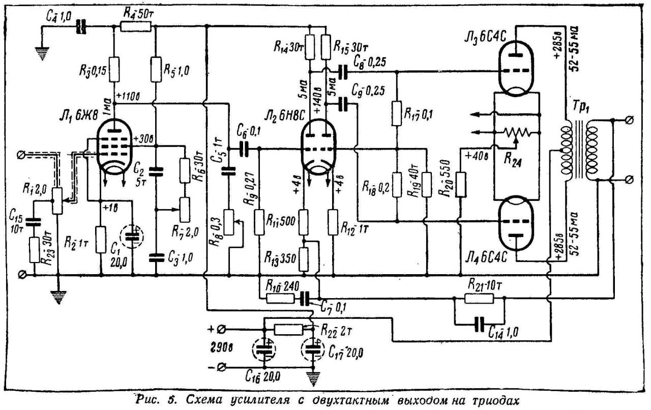 Схема усилителя с двухтактным выходом на триодах