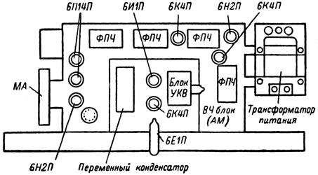 Расположение ламп и деталей на шасси радиолы "Беларусь-59"