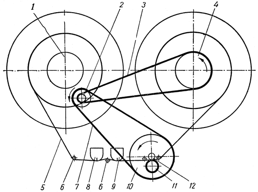 Кинематическая схема лентопротяжного механизма магнитофона "Днепр-11"
