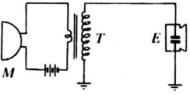 Схема телефона Долбера: М – угольный микрофон, Т – трансформатор с большим соотношением обмоток, Е – электростатический "телефон" 