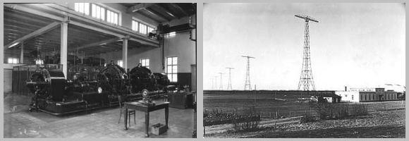Радиостанция Grimeton (Швеция). Слева: машинный зал (видны два генератора переменного тока). Справа: здание радиостанции и вид на антенное поле.