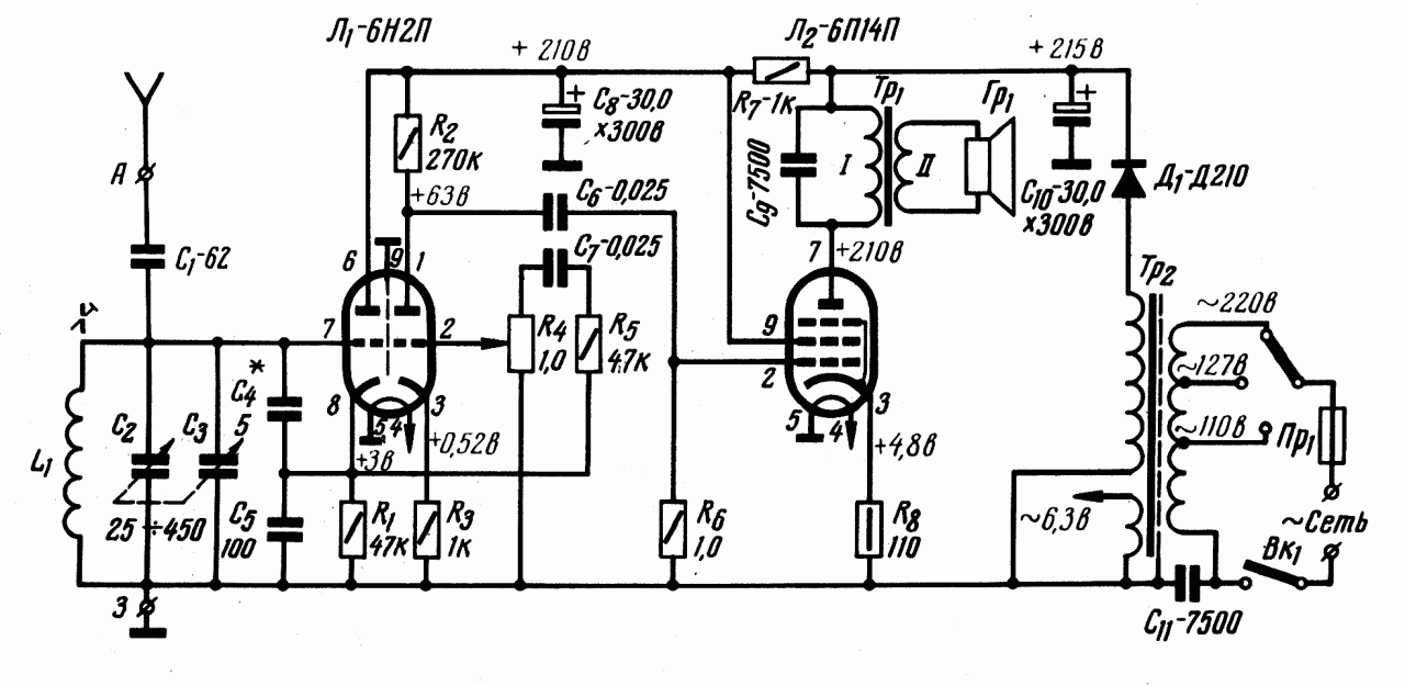 Рис. 2. Схема простого двухлампового радиоприемника