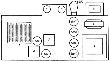 Расположение ламп и деталей на шасси радиолы &quot;Минск Р-7&quot;