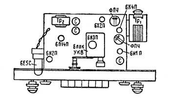 Расположение ламп и деталей радиолы "Муромец-62М".