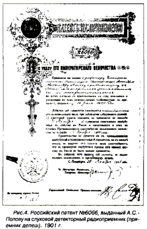 патент на привилегию 6066, выданный А.С. попову