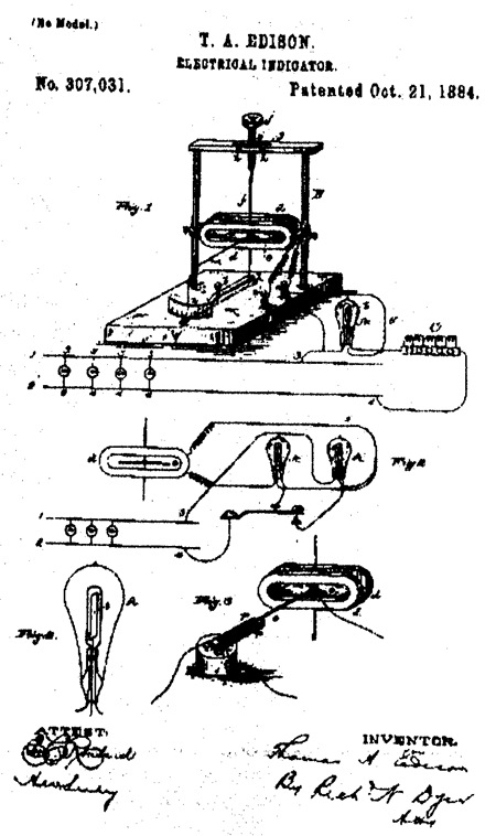Рис. 4. Схема электрического индикатора из патента Ni 307031 Т.Эдисона. 21 октябре 1864 г.