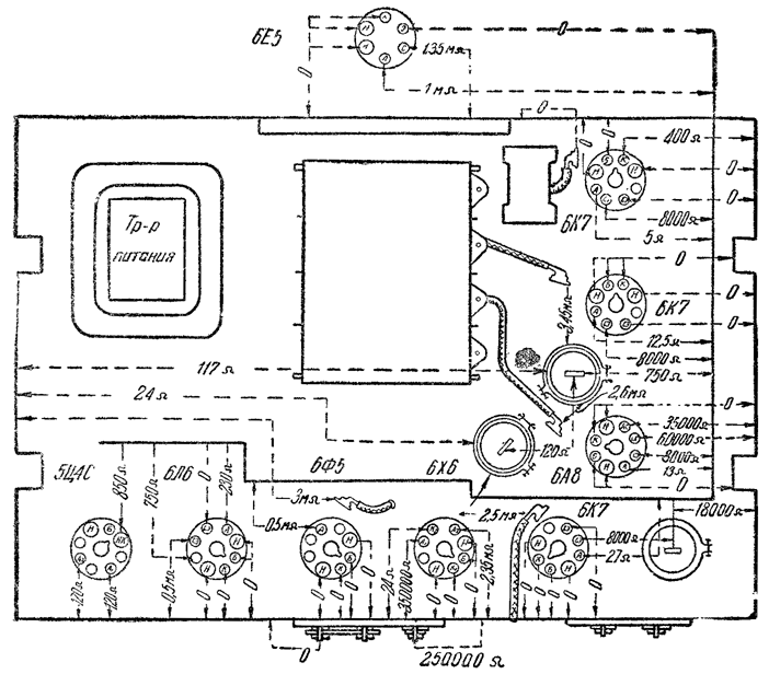Схема проверки сопротивлений приемника "СВД-9" (модификация 1940 года)