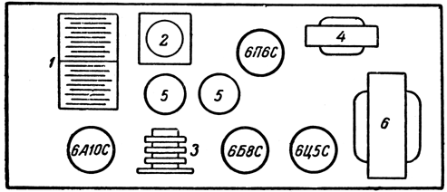 Расположение ламп и деталей на шасси приемника "АРЗ-51"