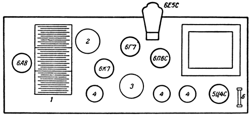Расположение ламп и деталей на шасси приемника "ВЭФ М-697"