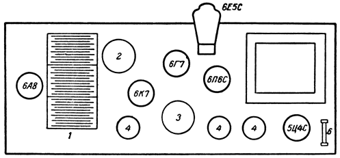 Расположение ламп и деталей на шасси приемника &quot;ВЭФ М-697&quot;