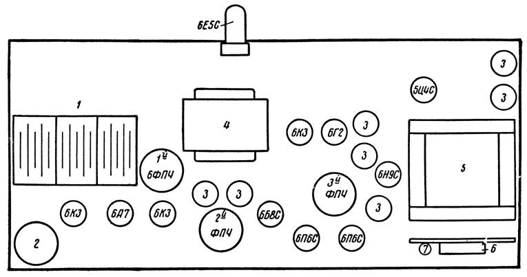 Расположение ламп и деталей на шасси приемника "Минск-55"