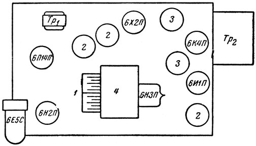 Расположение ламп и деталей на шасси радиолы &quot;Восток-57&quot;