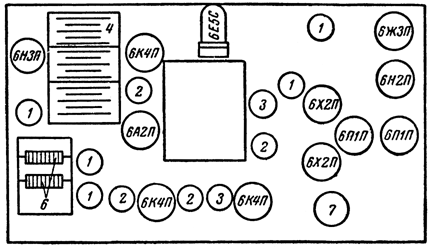 Расположение ламп и деталей на шасси радиолы "Эстония-55"