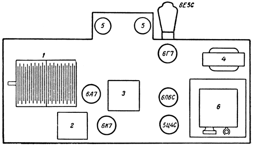 Расположение ламп и деталей на шасси приемника &quot;Минск&quot;