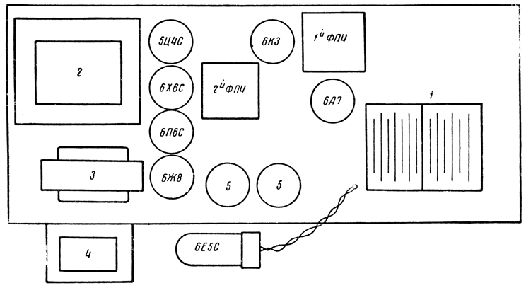 Расположение ламп и деталей на шасси радиолы "Р-7-55"