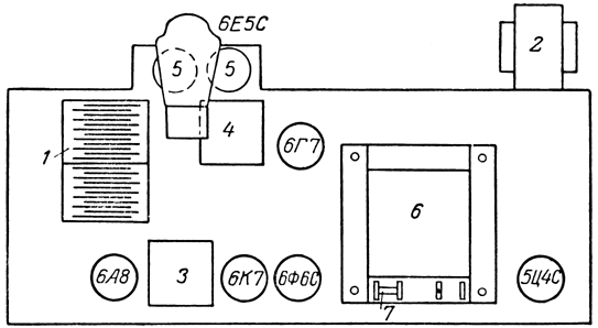 Расположение ламп и деталей на шасси приемника &quot;Пионер&quot;
