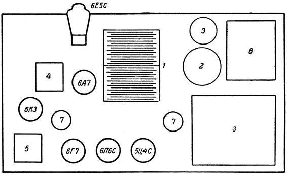 Расположение ламп и деталей на шасси приемника "Восток-49"